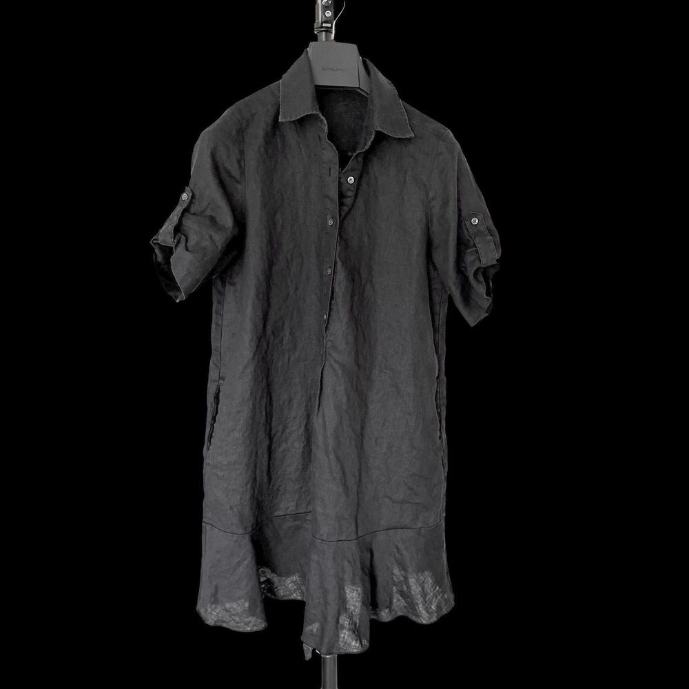 J.McLaughlin Black 100% Linen Ruffle Hem Shirt Dress Short Sleeve Womens Medium